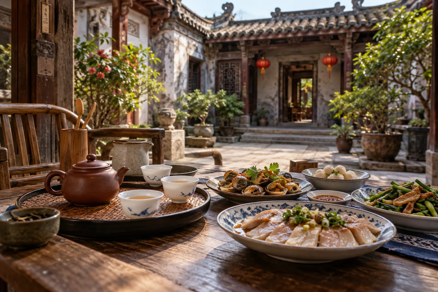A tea setting and local flavours in a Chaoshan courtyard