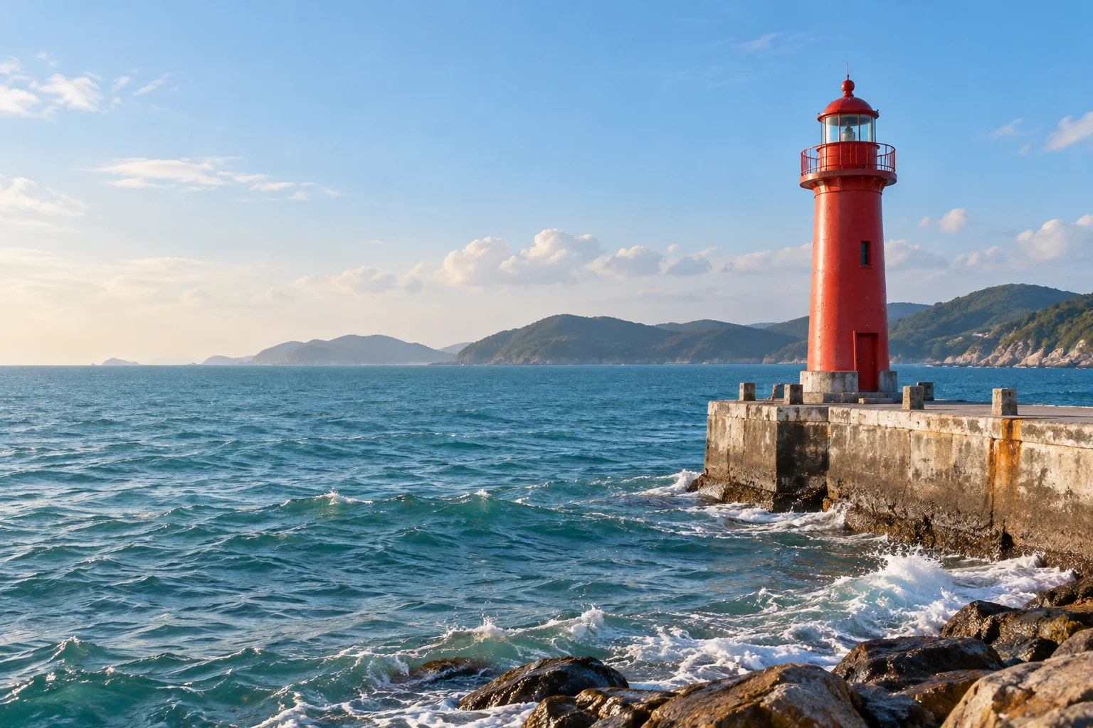 A red lighthouse beside the blue-green sea on Nan’ao Island