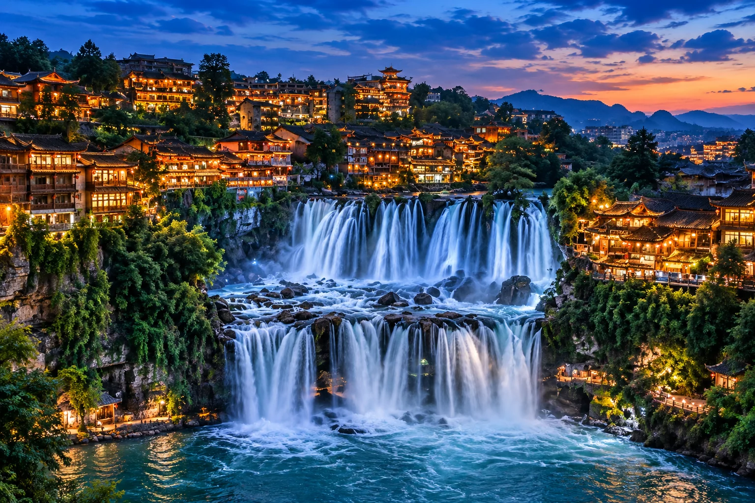 Furong Town’s waterfall and warmly lit wooden buildings at dusk